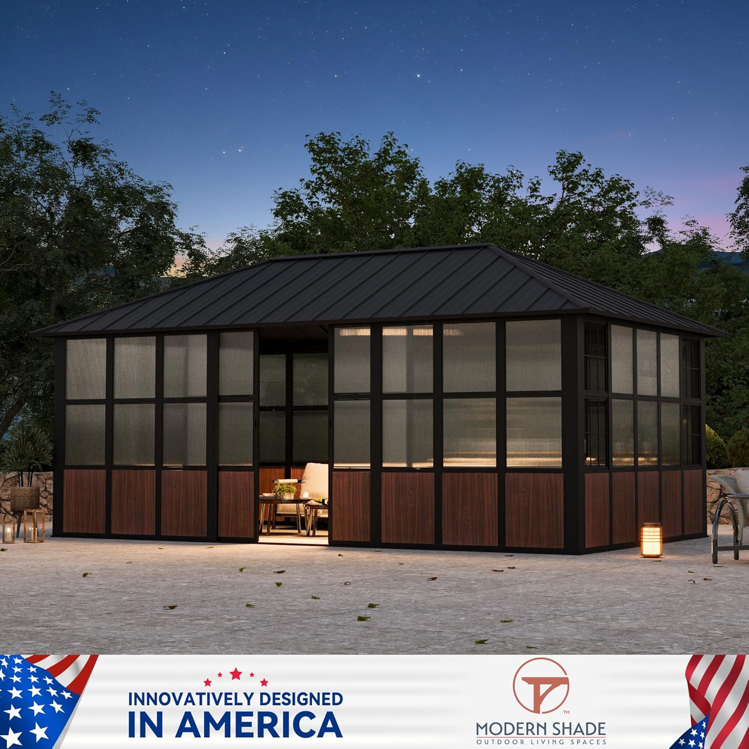 Modern Shade Clario Solarium 12'x20' Sunroom Hardtop Gazebo with TV Mount & Sliding Doors, Galvanized Steel Roof Screen House, Ventilation Design & Wood Grain Finish, All-Weather Aluminum Sun Room - Image 2