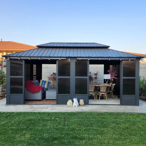 PURPLE LEAF 12′ X 20′ Solarium Permanent Hardtop Gazebo Galvanized Steel Double Roof Aluminum Outdoor Enclosed Gazebo for Lawn Deck Backyard Grey