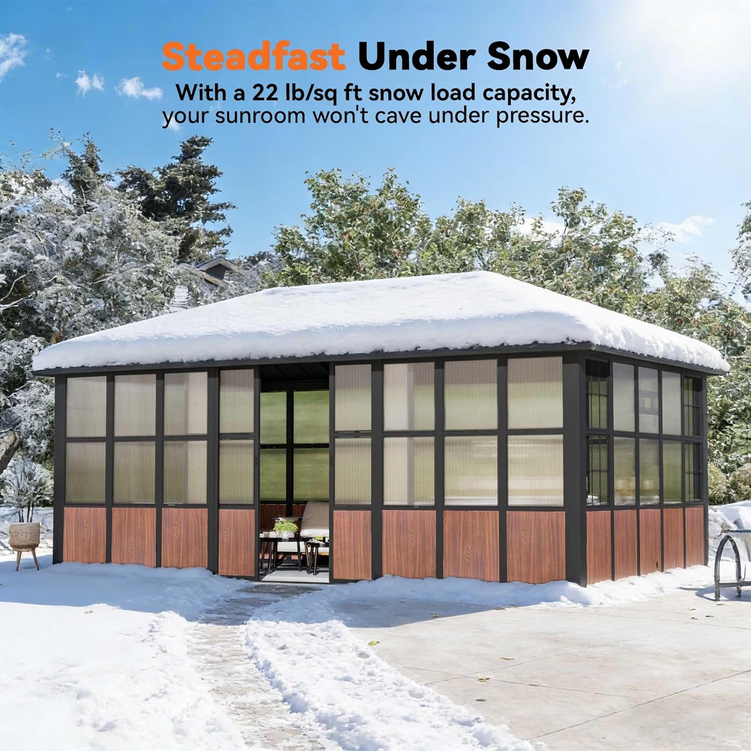 Modern Shade Clario Solarium 12'x20' Sunroom Hardtop Gazebo with TV Mount & Sliding Doors, Galvanized Steel Roof Screen House, Ventilation Design & Wood Grain Finish, All-Weather Aluminum Sun Room - Image 8