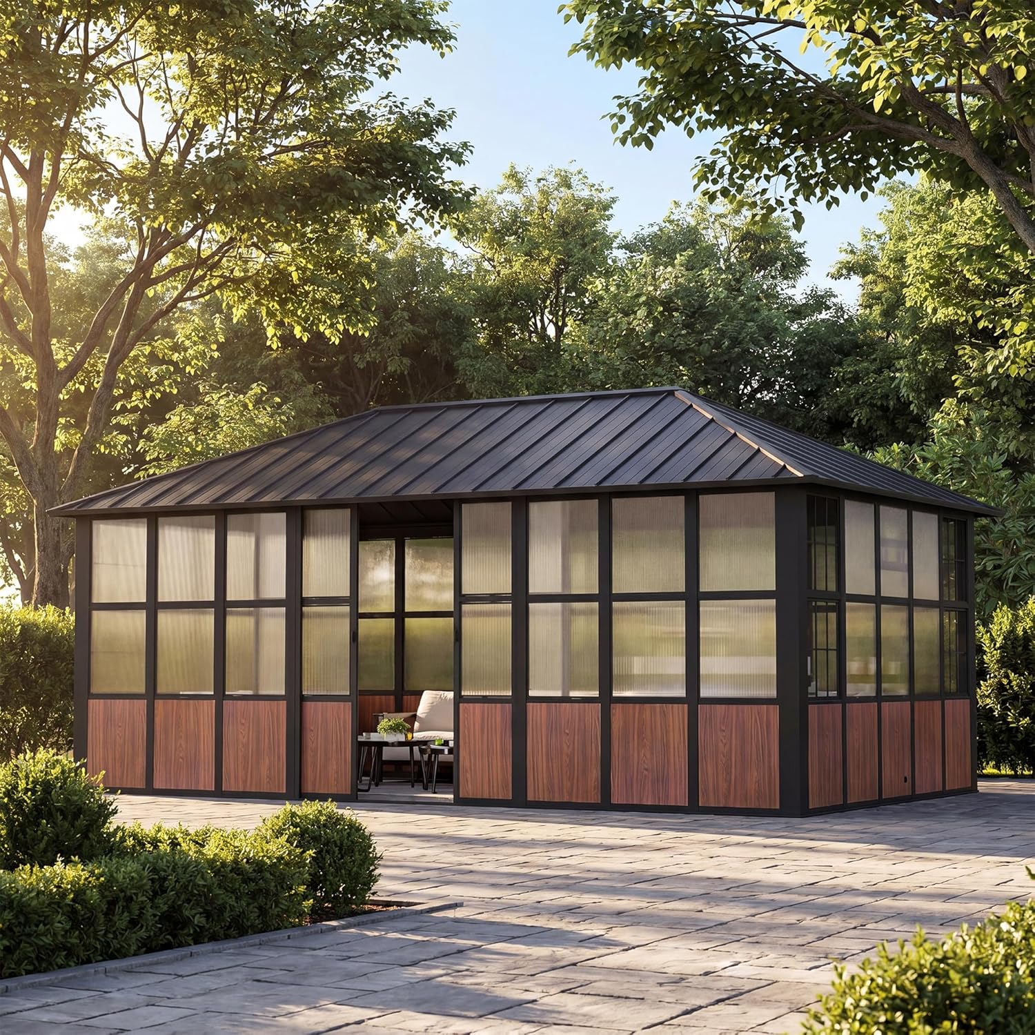 Modern Shade Clario Solarium 12'x20' Sunroom Hardtop Gazebo with TV Mount & Sliding Doors, Galvanized Steel Roof Screen House, Ventilation Design & Wood Grain Finish, All-Weather Aluminum Sun Room