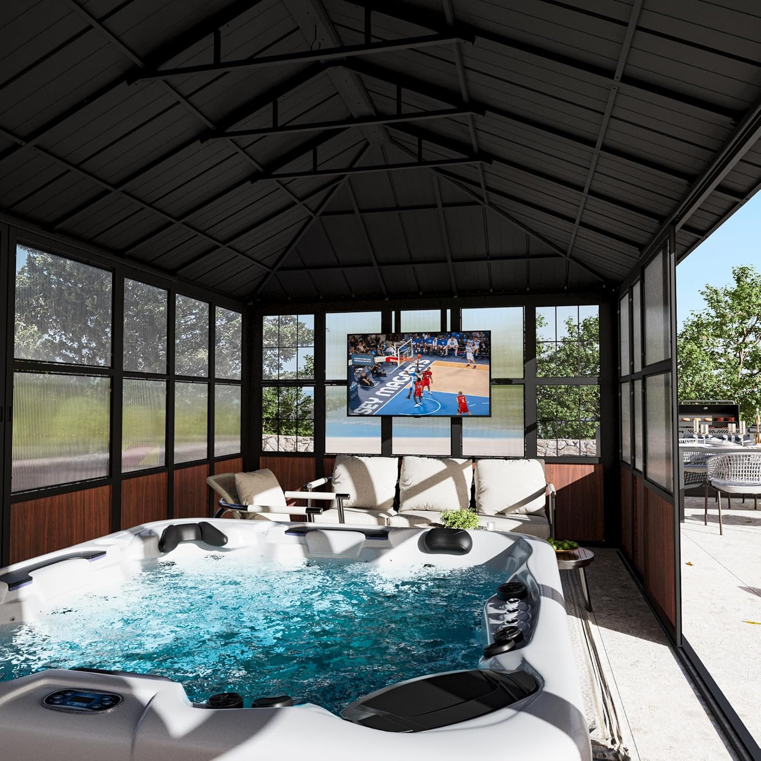 Modern Shade Clario Solarium 12'x20' Sunroom Hardtop Gazebo with TV Mount & Sliding Doors, Galvanized Steel Roof Screen House, Ventilation Design & Wood Grain Finish, All-Weather Aluminum Sun Room - Image 9
